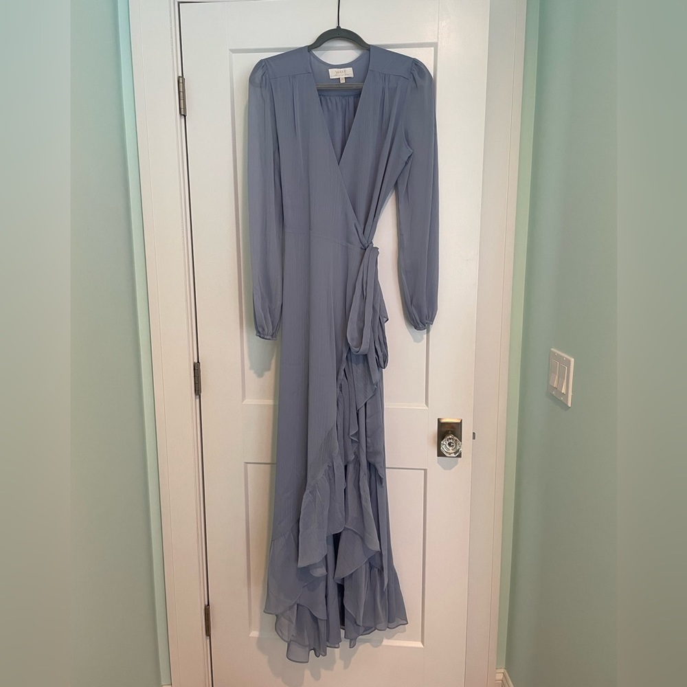Dusty blue flowy high low dress